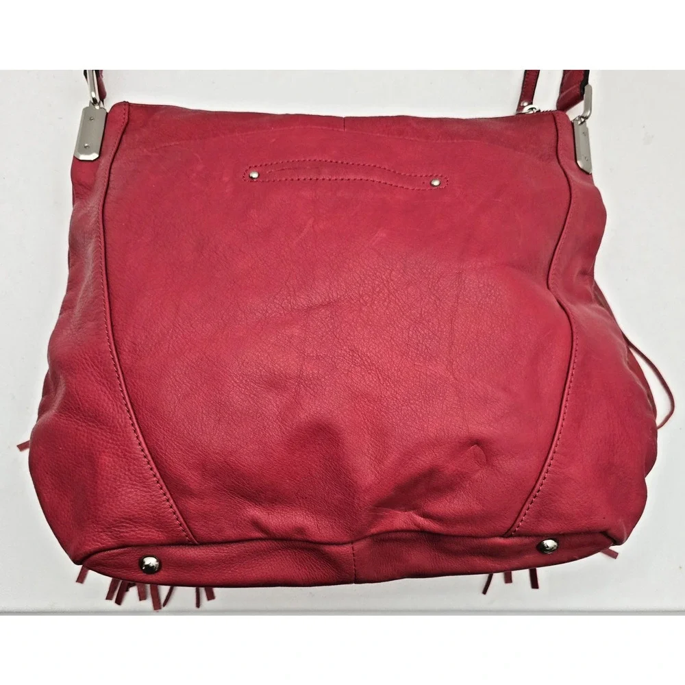 B. Makowsky Red Hobo Handbag Fringe Genuine Leather Pebbled Large